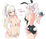  ass back bandaid bandaids_on_nipples breasts brown_eyes bunny_tail bunnysuit cleavage cup drinking_glass idolmaster idolmaster_(classic) large_breasts long_hair multiple_views navel panties pasties ponytail shijou_takane sideboob simple_background tail tuxedo_de_cat underwear white_background white_hair wrist_cuffs 