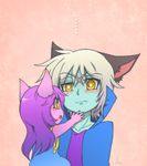  1boy 1girl animal_ears blue_skin blush blush_stickers father_and_daughter if_they_mated league_of_legends open_mouth purple_hair purple_skin scar silver_hair sweatdrop touching_another's_chin veigar yan531 yellow_eyes 
