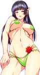  846-gou ass_visible_through_thighs bangs black_hair blunt_bangs breasts cleavage cowboy_shot crotch dead_or_alive from_below groin hair_ornament highres large_breasts leaf_bikini licking_lips long_hair looking_at_viewer mole mole_under_mouth naughty_face navel no_wings nyotengu purple_eyes revealing_clothes simple_background sketch solo tongue tongue_out underboob white_background 