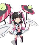  bad_id bad_pixiv_id bangs black_hair blunt_bangs bodysuit covered_navel foreshortening from_above full_body looking_up motion_lines nail_polish pink_eyes pink_nails plate plate_spinning rikopin senki_zesshou_symphogear simple_background skin_tight skirt solo spinning standing tsukuyomi_shirabe twintails white_background 