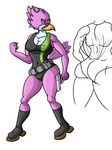 avian beak behold_my_girth belt big_butt blue_eyes boots breasts butt cleavage clothed clothing feathers female footwear gun handgun hi_res invalid_color pink_feathers pistol pose ranged_weapon simple_background starbound thick_thighs video_games weapon white_background wide_hips 