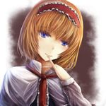  alice_margatroid blonde_hair blue_eyes finger_to_mouth hairband kisuke1212 looking_at_viewer ribbon short_hair solo touhou 