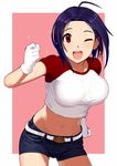  ;d ahoge belt blue_hair blue_shorts blush border bouncing_breasts breasts clenched_hand contrapposto cowboy_shot crop_top denim denim_shorts gloves hand_on_hip idolmaster idolmaster_(classic) large_breasts leaning_forward looking_at_viewer midriff miura_azusa navel one_eye_closed open_mouth outside_border pettan_p pink_background raglan_sleeves red_eyes round_teeth shirt short_hair short_shorts short_sleeves shorts simple_background smile solo standing stomach sweat sweatdrop t-shirt tareme teeth white_border white_gloves white_shirt 