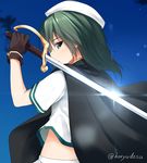  cape glint gloves green_eyes green_hair haryuu_(poetto) hat highres kantai_collection kiso_(kantai_collection) looking_at_viewer looking_back over_shoulder remodel_(kantai_collection) school_uniform serafuku solo sword sword_over_shoulder twitter_username upper_body weapon weapon_over_shoulder 