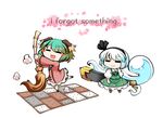  :3 =_= animal_ears bamboo_broom blush_stickers bow broom chibi commentary_request dress english floppy_ears frills green_hair green_skirt green_vest hairband hitodama kashuu_(b-q) kasodani_kyouko konpaku_youmu konpaku_youmu_(ghost) leg_up long_sleeves looking_at_another multiple_girls path pink_dress puffy_short_sleeves puffy_sleeves road scabbard sheath shoes short_hair short_sleeves silver_hair simple_background skirt skirt_set socks sweeping sword text_focus touhou vest weapon 