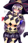  black_gloves blue_ribbon blush breasts checkered commentary_request cosplay crescent crescent_hair_ornament elbow_gloves fiore_brunelli fiore_brunelli_(cosplay) flying_sweatdrops gloves hair_ornament hand_on_own_chest hat highres huge_breasts long_hair looking_at_viewer patchouli_knowledge purple_eyes purple_hair red_ribbon revealing_clothes ribbon solo star_ocean star_ocean_integrity_and_faithlessness taku_(yakumodaisuki) touhou very_long_hair witch_hat 