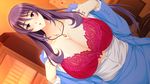  blush bra breasts cleavage empty_eyes huge_breasts kyonyuu_hitozuma_onna_kyoushi_saimin long_hair looking_at_viewer mind_control necklace open_clothes open_mouth open_shirt purple_eyes purple_hair red_bra skyhouse solo standing teacher tsukishima_kyoko underwear undressing upper_body 