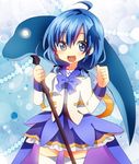  :d ahoge blue blue_background blue_bow blue_eyes blue_hair blue_skirt bow cowboy_shot delphinium_(flower_knight_girl) dolphin flower_knight_girl hair_ornament holding holding_scythe looking_at_viewer masako_(sabotage-mode) open_mouth scythe shirt short_hair skirt smile solo thighhighs white_legwear white_shirt 