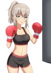  bare_shoulders blue_eyes blush boxing boxing_gloves boxing_shorts breasts brown_hair cleavage girls_und_panzer hiromon itsumi_erika long_hair looking_at_viewer medium_breasts navel open_mouth ponytail punching_bag shorts solo standing tank_top 