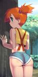  against_tree apostle ass back bangs bare_shoulders blue_sky blush cloud cloudy_sky crop_top crop_top_overhang cropped_legs denim denim_shorts forest from_behind green_eyes highres kasumi_(pokemon) looking_at_viewer looking_back midriff nature nintendo orange_hair outdoors pokemon pokemon_(anime) ponytail profile revealing_clothes shiny shiny_skin shirt short_hair short_ponytail short_shorts shorts side_ponytail sky sleeveless sleeveless_shirt solo_focus suspenders tank_top tree wide_ponytail yellow_shirt 