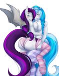  2015 alpha_channel anthro anthrofied bat_pony blue_eyes blush braided_hair breast_squish breasts breasts_frottage bubble_lee bubble_lee_(character) clothed clothing cutie_mark dock duo equine fan_character fangs female female/female green_eyes hair hand_behind_back hand_on_thigh horn hug legwear looking_at_viewer looking_back mammal multicolored_hair my_little_pony panties rear_view side_boob simple_background striped_legwear striped_panties stripes sweet_hum thigh_highs topless transparent_background underwear unicorn 