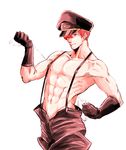  bakuretsu_hunters black_gloves chocolate_misu chocolate_misu_(cosplay) cosplay cowboy_shot f6 gloves groin hat male_focus matsuno_osomatsu military military_uniform muscle non-web_source osomatsu-kun osomatsu-san payan peaked_cap piano_wire pink_eyes red_hair shirtless simple_background solo suspenders uniform white_background wire 