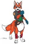  2018 5_fingers beastbehavior belt bottomless canid canid_taur canine canine_taur cheek_tuft chest_tuft claws clothed clothing dragonheart07 eyebrows fist fluffy fluffy_tail foulard fox fox_mccloud fox_taur fur gloves green_eyes jacket male mammal multicolored_fur nintendo orange_fur partially_clothed signature simple_background smile solo standing star_fox taur taurification tuft two_tone_fur video_games white_background white_fur 