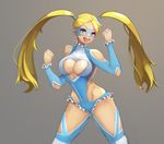  bad_id bad_pixiv_id bare_shoulders blonde_hair blue_eyes blue_leotard breasts cleavage cleavage_cutout clenched_hands covered_navel cowboy_shot frills heart_cutout large_breasts leotard long_hair mask no_bra notte open_mouth rainbow_mika revealing_clothes solo street_fighter thighhighs twintails 