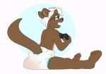  anthro betabrothers biped controller diaper eyewear feces game_controller gid_(pointofnor3turn) glasses hair looking_back male mammal messy_diaper mustelid otter rear_view scat simple_background sitting soiling solo surprise white_background white_hair 