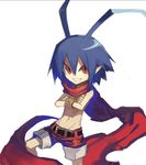  blue_hair disgaea kokaki_mumose laharl looking_at_viewer male_focus navel pointy_ears red_eyes red_shorts scarf shorts smile solo 