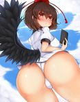  ass bird_wings black_wings blue_sky blush book breasts brown_hair check_commentary cloud commentary commentary_request cowboy_shot day hat hat_ribbon highres large_breasts looking_at_viewer looking_back no_pants panties puffy_short_sleeves puffy_sleeves red_eyes ribbon shameimaru_aya shirt short_sleeves sky solo tokin_hat tokoya_(ex-hetare) touhou underwear white_panties wings 