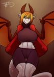  anthro big_breasts blonde_hair blue_eyes breasts clothing dragon female freckles_(artist) hair horn membranous_wings pose scalie smile solo tight_clothing voluptuous wings 