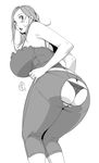  ass bent_over breasts camisole ganto greyscale highres huge_breasts monochrome non-web_source okita_kyouko okusan panties pants solo torn_clothes underwear wardrobe_malfunction 