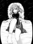  ahoge bandaged_arm bandages blush breasts bun_cover chinese_clothes double_bun flower greyscale highres ibaraki_kasen juliet_sleeves knee_up large_breasts long_sleeves looking_at_viewer monochrome on_bed panties pantyshot puffy_sleeves rose short_hair solo tabard tareme touhou u2_(5798239) underwear 