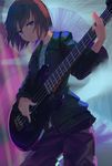  abstract_background aya_(star) bad_id bad_pixiv_id bass_guitar blue_eyes brown_hair contrapposto cowboy_shot green_jacket instrument jacket lips long_sleeves looking_at_viewer motion_blur music open_clothes open_jacket original pants playing_instrument purple_pants shirt short_hair smile solo standing t-shirt unzipped white_shirt zipper 