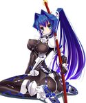  ajikan_(azican) arched_back ass blue_eyes blue_hair breasts covered_nipples hair_intakes highres large_breasts mitsurugi_meiya muvluv ponytail skin_tight solo sword weapon white_background 