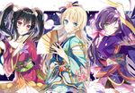  :o ;o angelic_angel ayase_eli black_hair blonde_hair blue_eyes bow detached_sleeves fan folding_fan green_eyes hair_bobbles hair_bow hair_down hair_ornament hairpin holding holding_fan japanese_clothes kimono long_hair long_sleeves looking_at_viewer love_live! love_live!_school_idol_project multiple_girls nennen obi one_eye_closed pink_bow purple_eyes purple_hair sash smile toujou_nozomi wide_sleeves yazawa_nico 