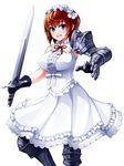  armor asymmetrical_clothes blue_eyes breasts brown_hair gloves large_breasts looking_at_viewer maid_headdress open_mouth original short_hair skirt sleeveless smile solo sword torigoe_takumi weapon 