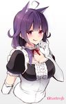  :p ahoge alternate_costume animal_ears blush breasts buttons cat_ears center_frills cleavage detached_collar elbow_gloves enmaided frills gloves hair_flaps kantai_collection kemonomimi_mode large_breasts looking_at_viewer low_twintails maid purple_hair red_eyes solo suishin_tenra taigei_(kantai_collection) tongue tongue_out twintails twitter_username upper_body white_gloves 