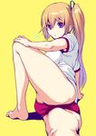  armpit_peek ass barefoot blonde_hair blush bosshi breasts buruma from_behind gym_uniform hair_ribbon highres kawakami_mai large_breasts long_hair looking_at_viewer lying mole mole_under_eye musaigen_no_phantom_world on_side purple_eyes ribbon side_ponytail simple_background solo stretch yellow_background 