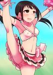  armpits black_hair bodypaint breasts brown_eyes censored cheerleader heart heart-shaped_pupils idolmaster idolmaster_cinderella_girls long_hair nakano_yuka naked_paint no_panties open_mouth outstretched_arms outstretched_leg painted_clothes pink_skirt pom_poms pussy shinkai_kiiro skirt small_breasts smile solo symbol-shaped_pupils topless twintails 