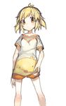  blonde_hair blush kokaki_mumose looking_at_viewer senki_zesshou_symphogear shirt short_hair solo t-shirt tachibana_hibiki_(symphogear) younger 