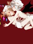  bat_wings blonde_hair bloomers blue_hair commentary_request flandre_scarlet hat mob_cap multiple_girls nikigo_nuno profile red_background red_eyes remilia_scarlet short_hair siblings sideways_glance simple_background sisters topless touhou underwear underwear_only white_bloomers white_hat wings 