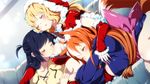  3girls akina_(sakura_santa) black_hair blonde_hair blush foxgirl game_cg hat inma itsumi_(sakura_santa) japanese_clothes long_hair sakura_santa santa_costume santa_hat sleeping yukata 