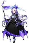  1girl chandelure dress drill_hair expressionless feathers fire frills full_body headdress highres katagiri_hachigou lavender_hair long_hair long_sleeves looking_at_viewer personification pokemon pokemon_(game) puffy_sleeves purple_gloves scythe shoes simple_background solo turtleneck white_background white_legwear wide_sleeves yellow_eyes 