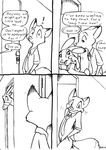  antelope anthro barefoot black_and_white bucky_oryx-antlerson canine comic confusion dialogue disney door eric_schwartz eye_contact female fox judy_hopps knocking lagomorph line_art male mammal monochrome oryx rabbit shrug speech_bubble surprise unseen_character zootopia 