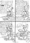  anthro barefoot bed black_and_white canine comic cuddling dialogue disney duo eric_schwartz eye_contact female fox humor judy_hopps lagomorph laugh line_art male mammal monochrome motion_lines nick_wilde on_bed rabbit speech_bubble surprise unseen_character zootopia 