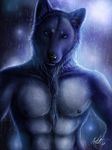  2016 abs anthro blue_eyes blue_fur canine ear_piercing full_moon fur mammal moon night nipples nude piercing raining snout water were werewolf wolf 