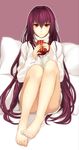  bare_legs barefoot cup fate/grand_order fate_(series) long_hair millefoglie mug pillow purple_hair red_eyes ribbed_sweater scathach_(fate)_(all) scathach_(fate/grand_order) solo sweater 