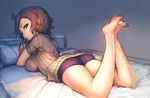  ass bed breasts brown_hair character_request copyright_request eating looking_at_viewer lying medium_breasts messy_hair on_stomach protected_link skindentation solo suna_(sunagawa) thighs 