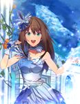  :d blue_dress blush brown_hair day dress earrings erere feathers glowing green_eyes hair_feathers hair_ornament idolmaster idolmaster_cinderella_girls jewelry long_hair looking_at_viewer open_mouth outdoors shibuya_rin smile solo 