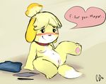  &lt;3 animal_crossing anus bedroom_eyes black_eyes blonde_hair blush breasts clothing collar cute english_text female fur hair half-closed_eyes isabelle_(animal_crossing) looking_at_viewer lying nintendo nude on_back pawpads pussy seductive simple_background small_breasts smile spread_legs spreading swoon text unknown_artist video_games yellow_fur 