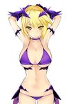  armpits arms_up artoria_pendragon_(all) artoria_pendragon_(lancer_alter) bikini blonde_hair breasts brown_eyes cleavage fate/grand_order fate_(series) jitome large_breasts looking_at_viewer purple_bikini shima-shuu short_hair simple_background skindentation solo swimsuit white_background 