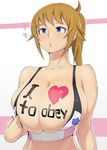  1girl ao_madou-shi bare_shoulders blonde_hair blue_eyes blush breasts bursting_breasts cleavage hoshino_fumina huge_breasts long_hair mind_control parted_lips ponytail solo upper_body 