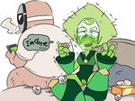  1girl after_sex blush cartoon_network cellphone cigarette crotchless_clothes gnome-no green_hair green_skin hetero mask messy_hair old_man peridot_(steven_universe) phone prostitution smartphone smoking steven_universe tissue_box trembling used_tissue v visor 