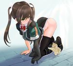  all_fours animal arched_back arm_support ass black_footwear black_gloves blush boots bow bowtie brown_fur brown_hair buttons cat gloves green_eyes green_shirt groin hair_ribbon kantai_collection knee_boots loincloth long_hair looking_down looking_to_the_side no_panties paws pointy_ears poking red_bow red_neckwear remodel_(kantai_collection) ribbon shirt short_sleeves shoulder_pads single_glove size_difference solo stone_floor thighs tone_(kantai_collection) white_ribbon yamasan_(hachiman) 