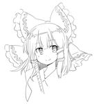  bow closed_mouth frilled_ribbon frills gohei greyscale hair_bow hair_ribbon hair_tubes hakurei_reimu ini_(inunabe00) lineart looking_at_viewer monochrome portrait ribbon simple_background smile solo touhou white_background 