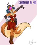  anthro breasts canine carmelita_fox cleavage clothed clothing collar ear_piercing eyewear female fox genevieve_tsai gloves gown gun handcuffs high_heels mammal miniskirt official_art piercing police ranged_weapon shackles skirt sly_cooper_(series) solo sunglasses video_games weapon 