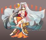  2016 absurdly_long_hair anklet artist_name bad_id bad_pixiv_id barefoot blue_eyes blue_hair bracelet breasts choker cleavage covered_nipples earrings flower full_body garters grey_hair hair_flower hair_ornament highres horns jewelry large_breasts long_hair multicolored_hair necklace no_bra pink_flower ring see-through smile snow_is solo toe_ring very_long_hair 