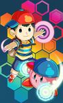  baseball_cap black_hair blue_eyes child copy_ability crossover esper hat hexagon highres kirby kirby:_planet_robobot kirby_(series) looking_at_viewer mother_(game) mother_2 ness power_connection smile solid_oval_eyes super_smash_bros. trait_connection 